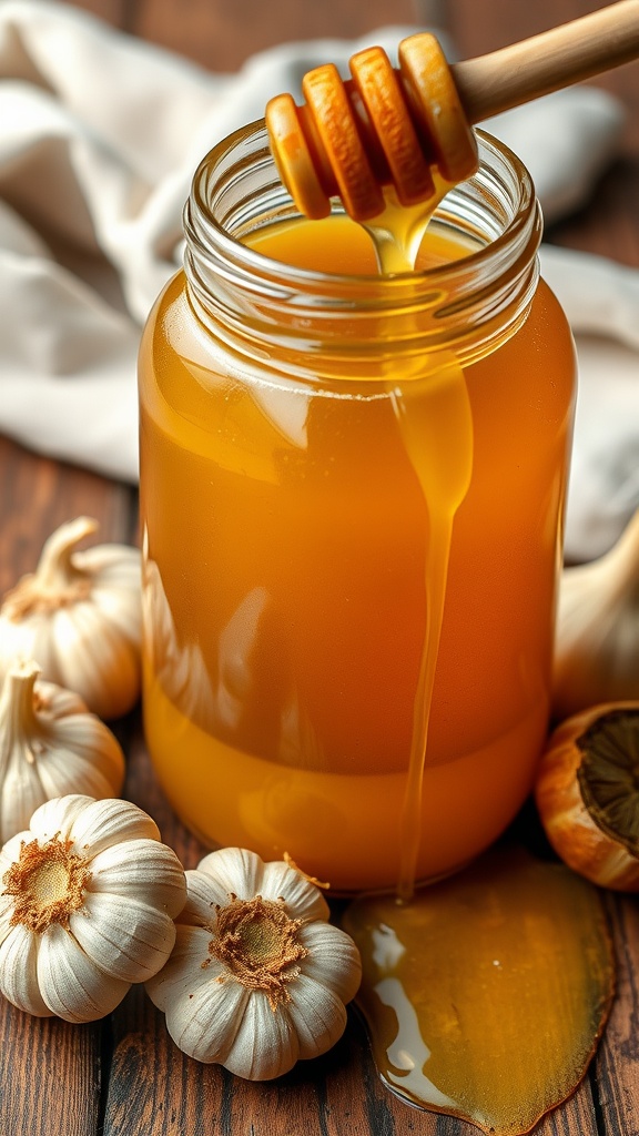 A jar of garlic, onion, and honey elixir with fresh ingredients on a wooden table.